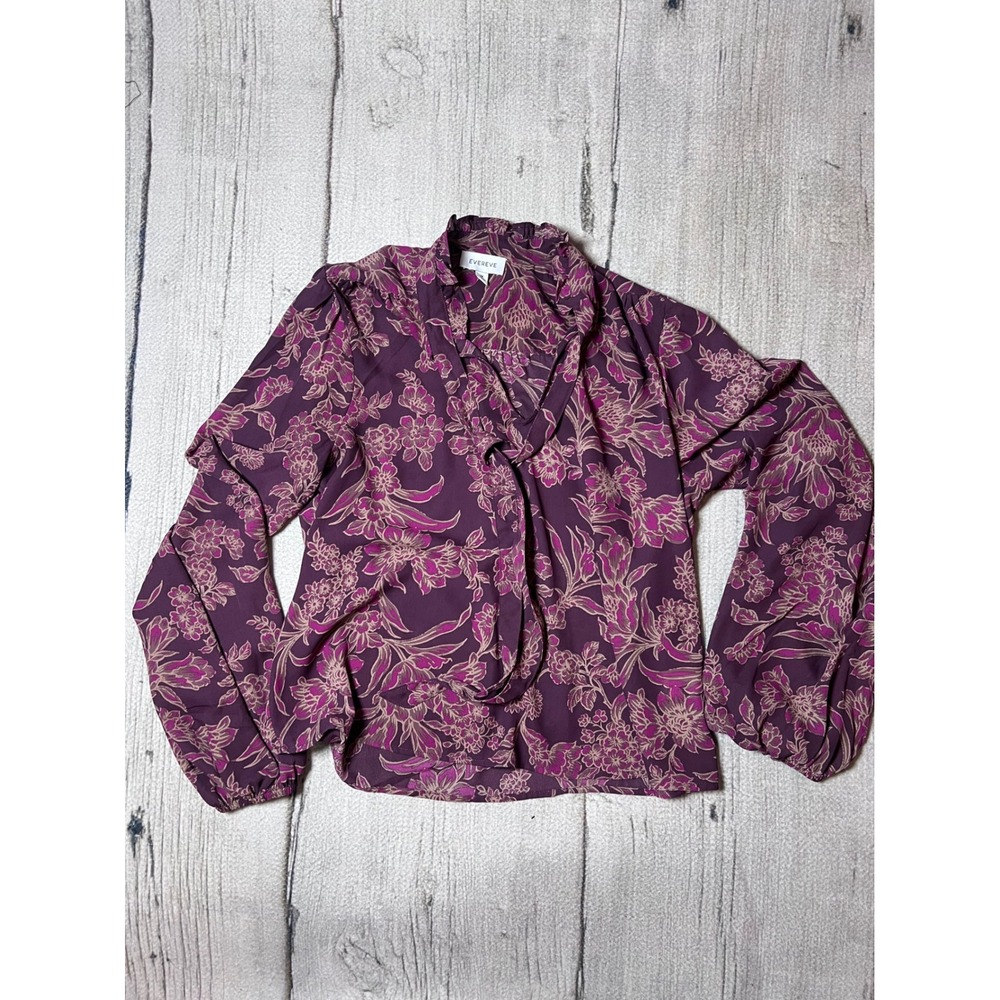 Evereve Blouse Womens Medium Purple Floral‎ Tie Neck Ruffle Boho Romantic
